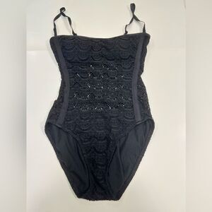 Coastal Zone Lace Balconette Black One-Piece Boho Swimsuit Size M